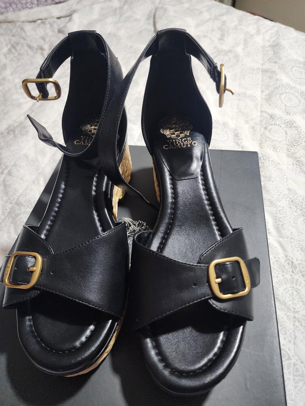 Vince Camuto Black Leather Wedge Sandals with Gold Buckles